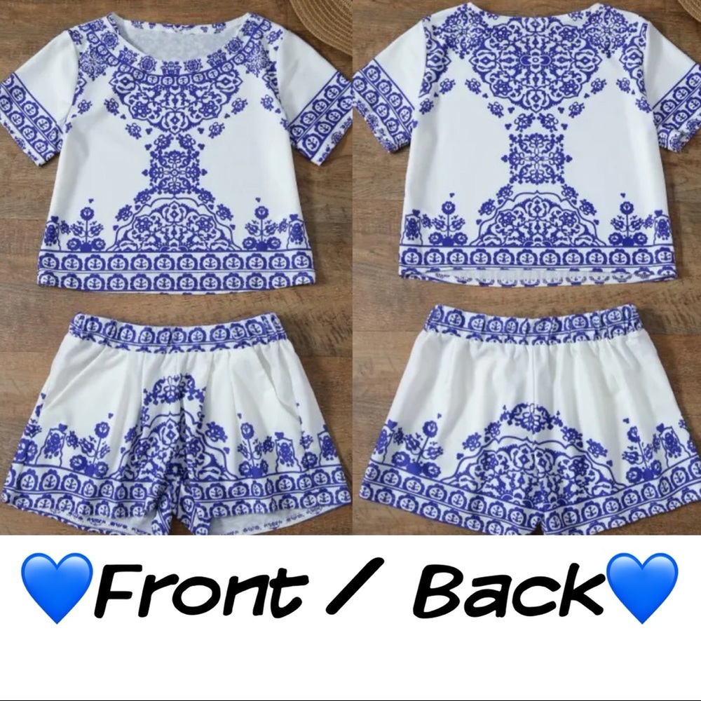 💥NWOT💥Ornate design Crop top & short set with pockets 🤍💙🤍 stretchy fits S-M